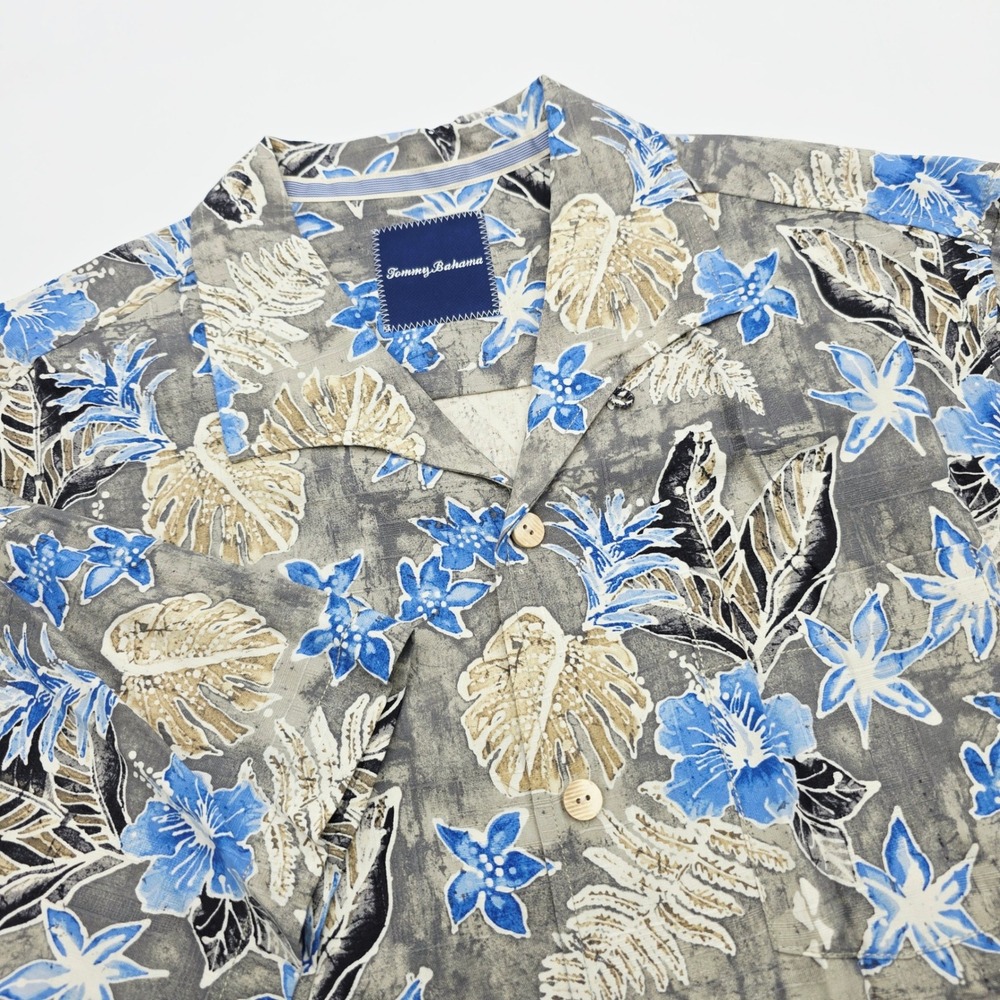 Tommy Bahama Mens Large Silk Tropical Floral Camp Shirt Gray Blue Short Sleeve